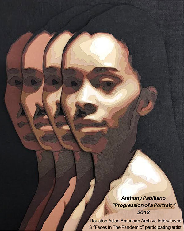 A picture of a portrait created from cutouts of paper, made by local Filipino-American artist Anthony Pabillano.