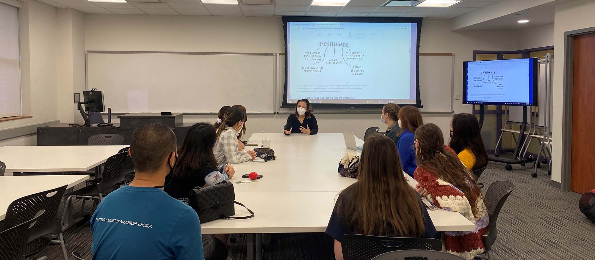 A picture of the students that work in the WorKing Resilience Lab having a discussion around a table inside a classroom.