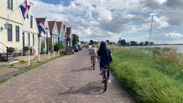 A picture taken from behind of three people biking on the side of the street with a row of houses to their left and a green field of grass to their right.