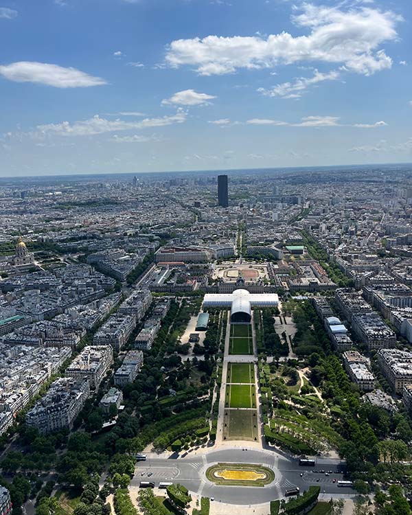 An overhead picture of the city of Paris taken from the top of the Eiffel Tower (not pictured).