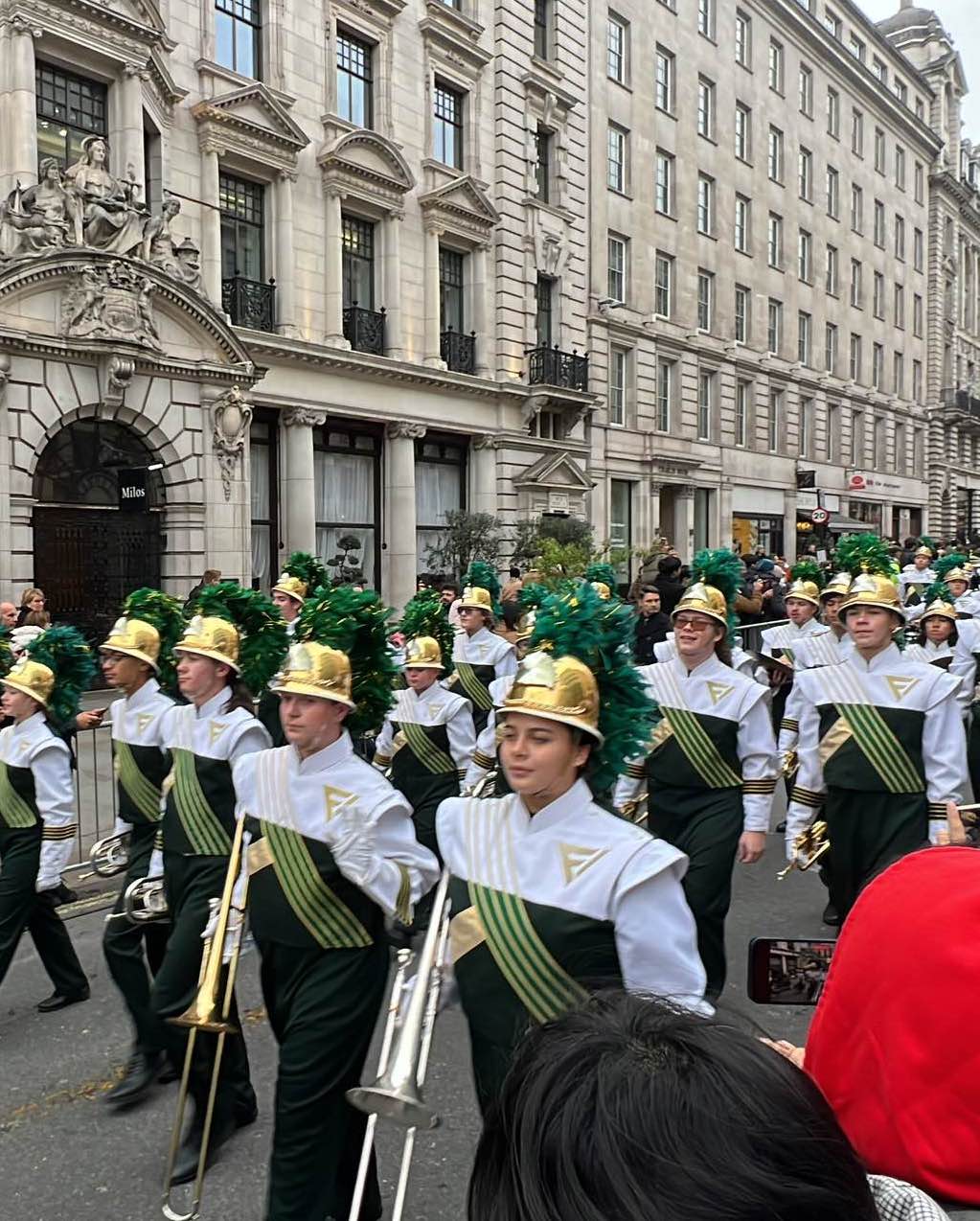 A band wearing black, white, green, and gold colors on their uniform, marching down a street.