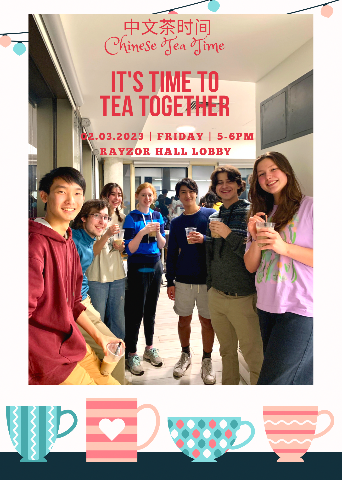 A group of students holding a cup of boba.