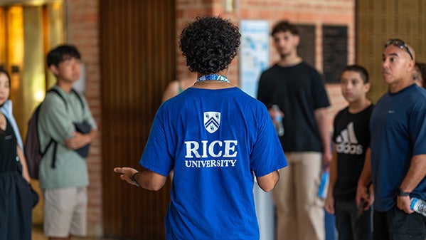 A Rice tour guide giving a tour.