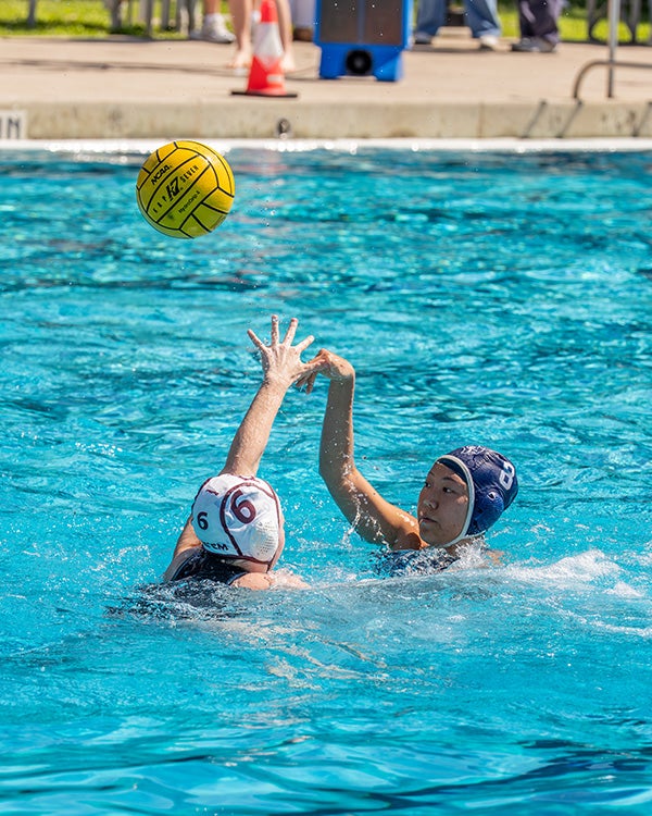 A photo of the Rice women's water polo team at a game.
