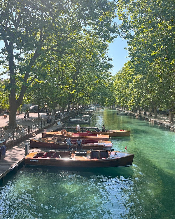 Boats parked on a green-tinted river in France
