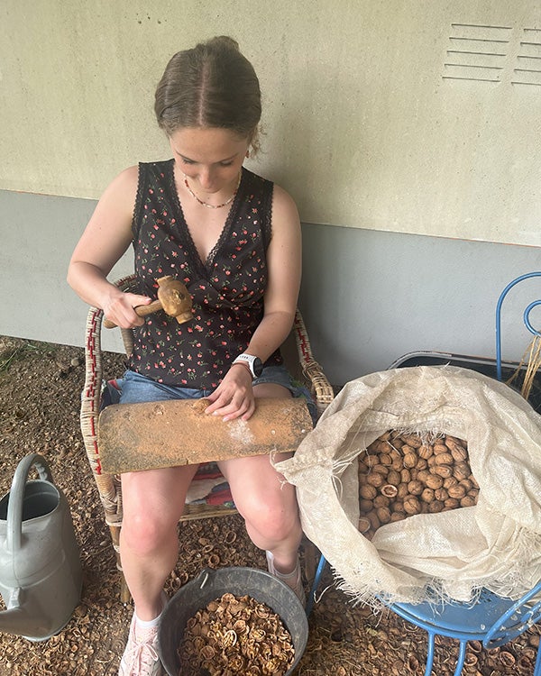 Blog writer Alysa sitting on a wicker chair, breaking nuts with a hammer