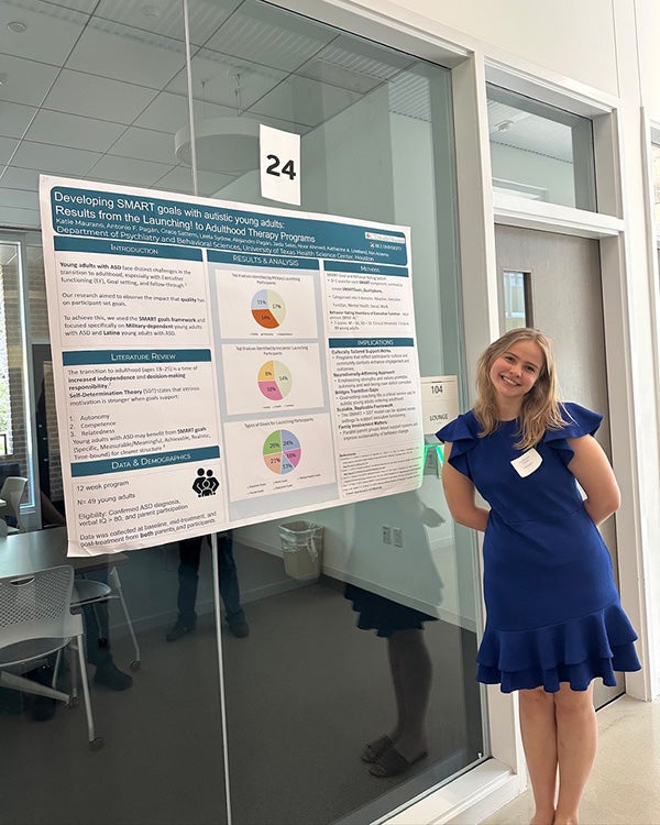 Girl with poster with diagrams in front of a large glass doors