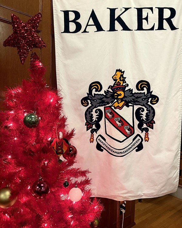Red Christmas tree with "BAKER" flag