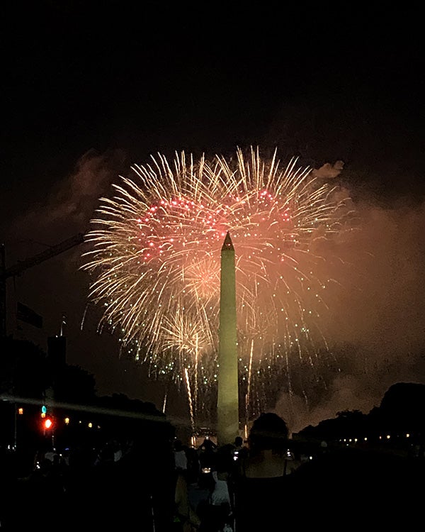 Fireworks behind the Washington monument