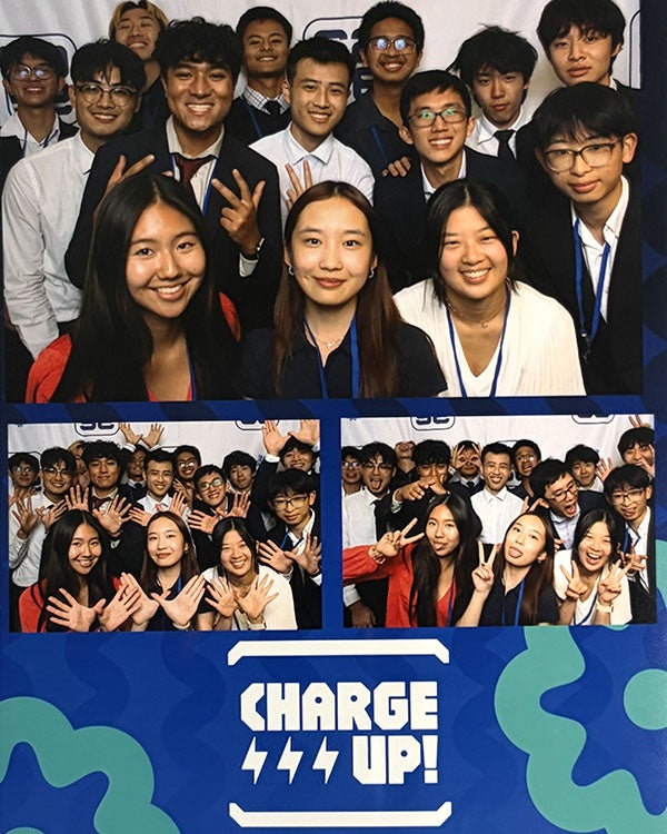 Photo strip of numerous people, with the graphic label "Charge Up!" at the bottom