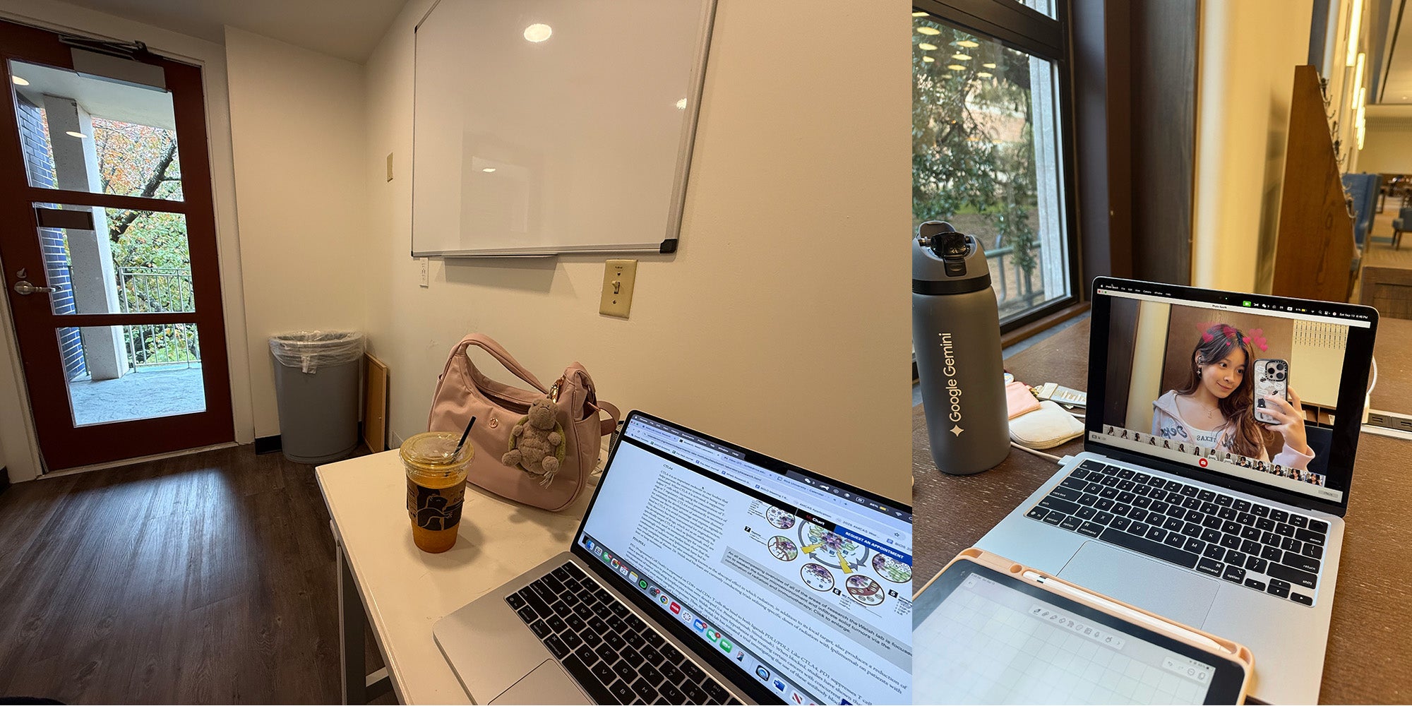 Collage of photos, one with selfie of girl on laptop, and another of a study room with laptop on a table