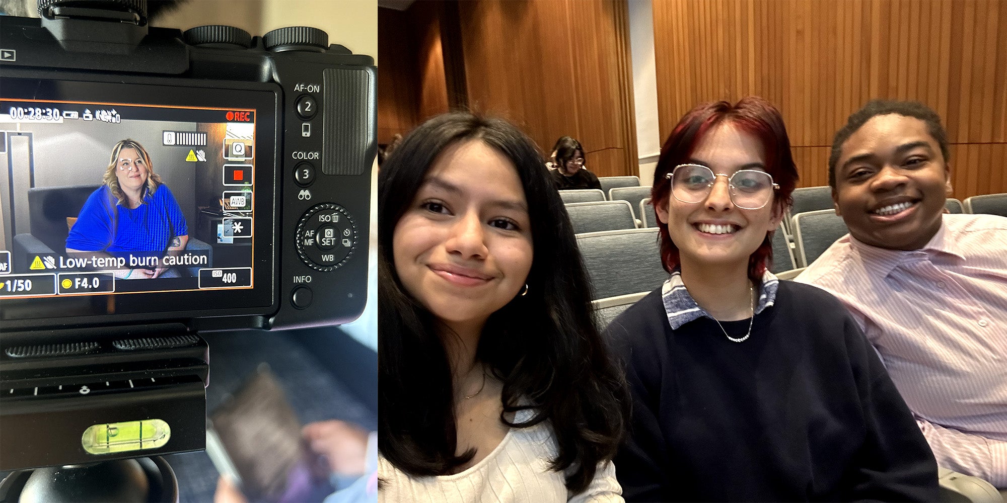 Two photos side-by-side, one of a camera with a woman in the preview panel, and the other of three young adults taking a selfie