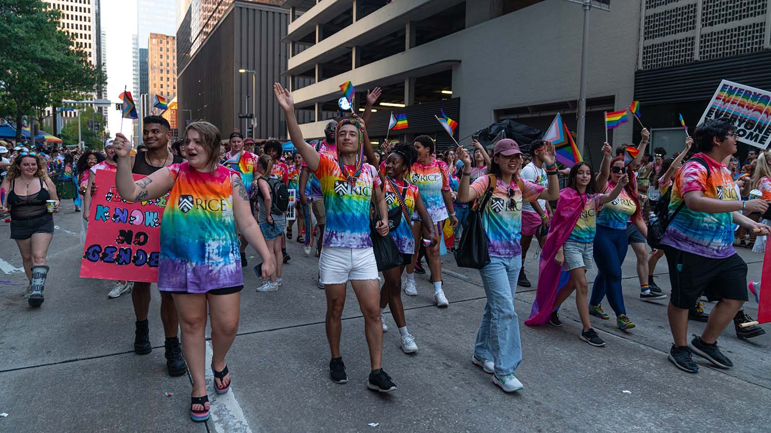 A picture of members of the Rice community walking in the Houston Pride Parade.