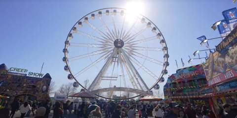 A picture of a large white Ferris wheel at a carnival at the Houston Livestock Show and Rodeo.