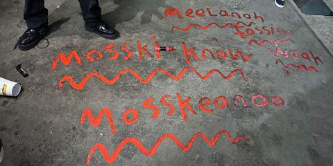 Words on floor written in read that says "Meelano Fassion Weak; Mosski Know; Mosskeanoo".