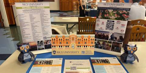 A photo of a table set up with Rice banners and recruitment material.
