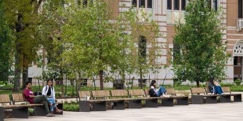A photo of students loitering around the Academic Quad on the Rice campus.