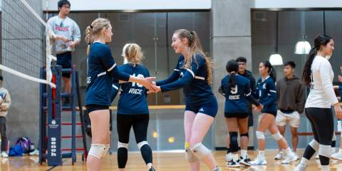 Panoramic view of volleyball players on one side of the net