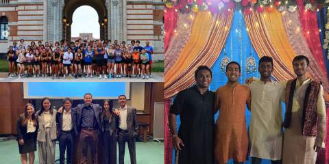 Collage of three photos: people in business formal wear, large group in front of huge arch, and 4 young people in Indian traditional attire
