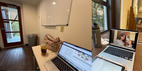 Collage of photos, one with selfie of girl on laptop, and another of a study room with laptop on a table