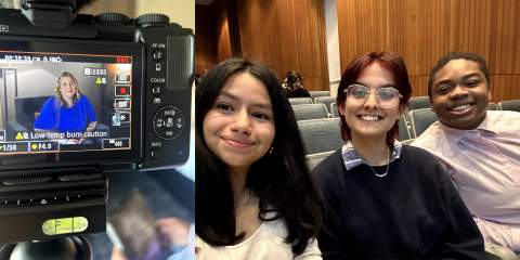 Two photos side-by-side, one of a camera with a woman in the preview panel, and the other of three young adults taking a selfie