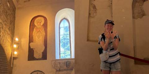 Side-by-side images; on the left side, a painted figure holds up their hands like wings; on the right, a young lady holds up her hands in a similar winged gesture