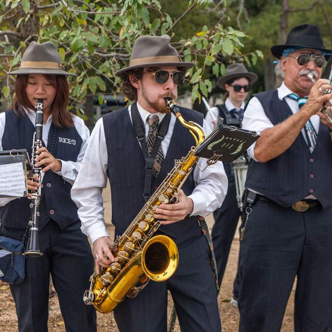 The Marching Owl Band at the Academic Quad Re-Opening Ceremony.