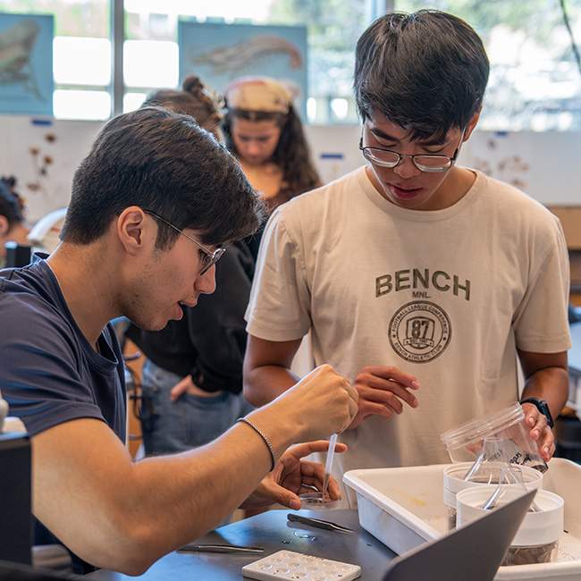 Two male students use a pipet to transfer a liquid in a lab