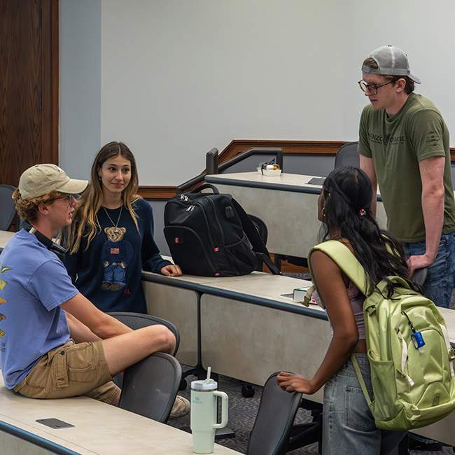 Four people speaking to one another